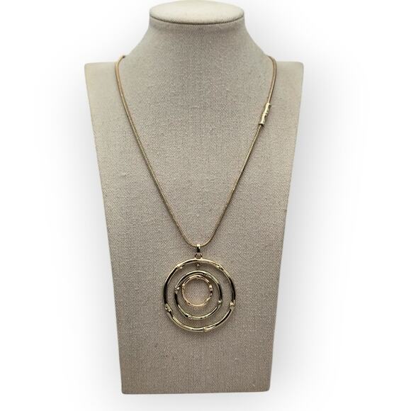 Chico’s Gold Tone Bamboo Circle Pendant Long Necklace – Modern Statement Jewelry - Picture 1 of 7